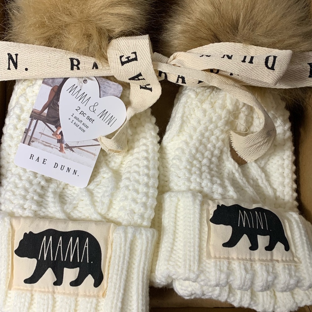 Rae Dunn Mommy and me off white matching beanies